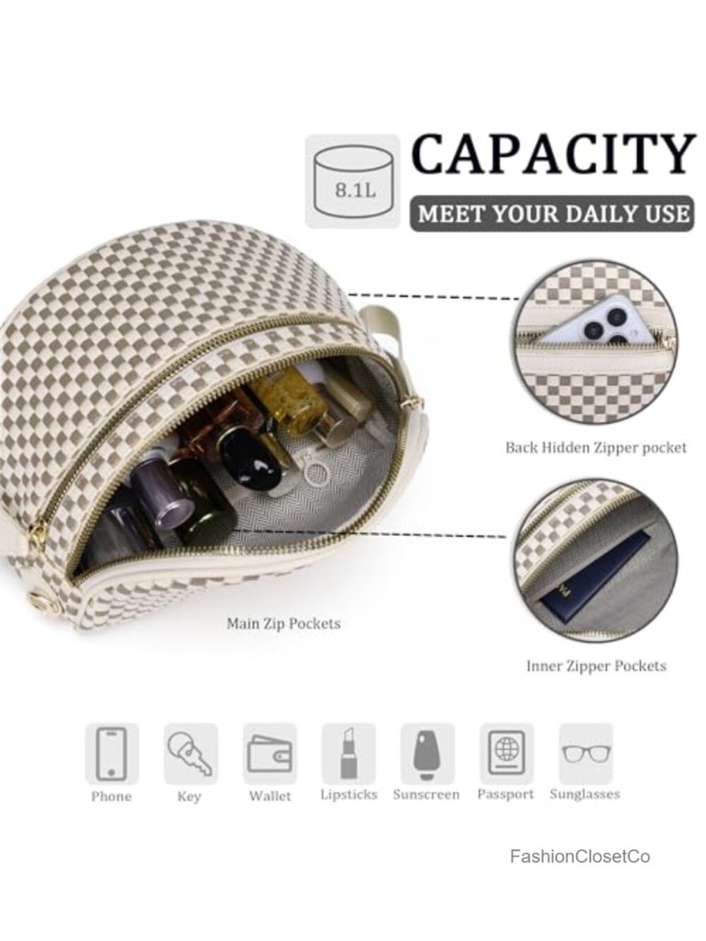Checkered Woven Vegan Leather Double Zip Sling Purse Fanny Pack Belt Bag - Picture 4 of 6